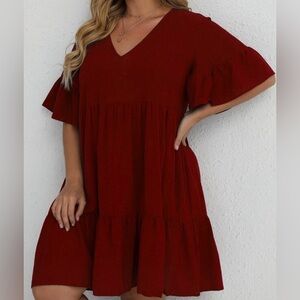SHEIN Burgundy Ruffle Hem Smock Dress | Size 1XL